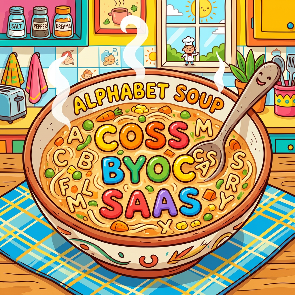 Bowl of alphabet soup with letters forming COSS, BYOC, SAAS, and other letters in a bright kitchen